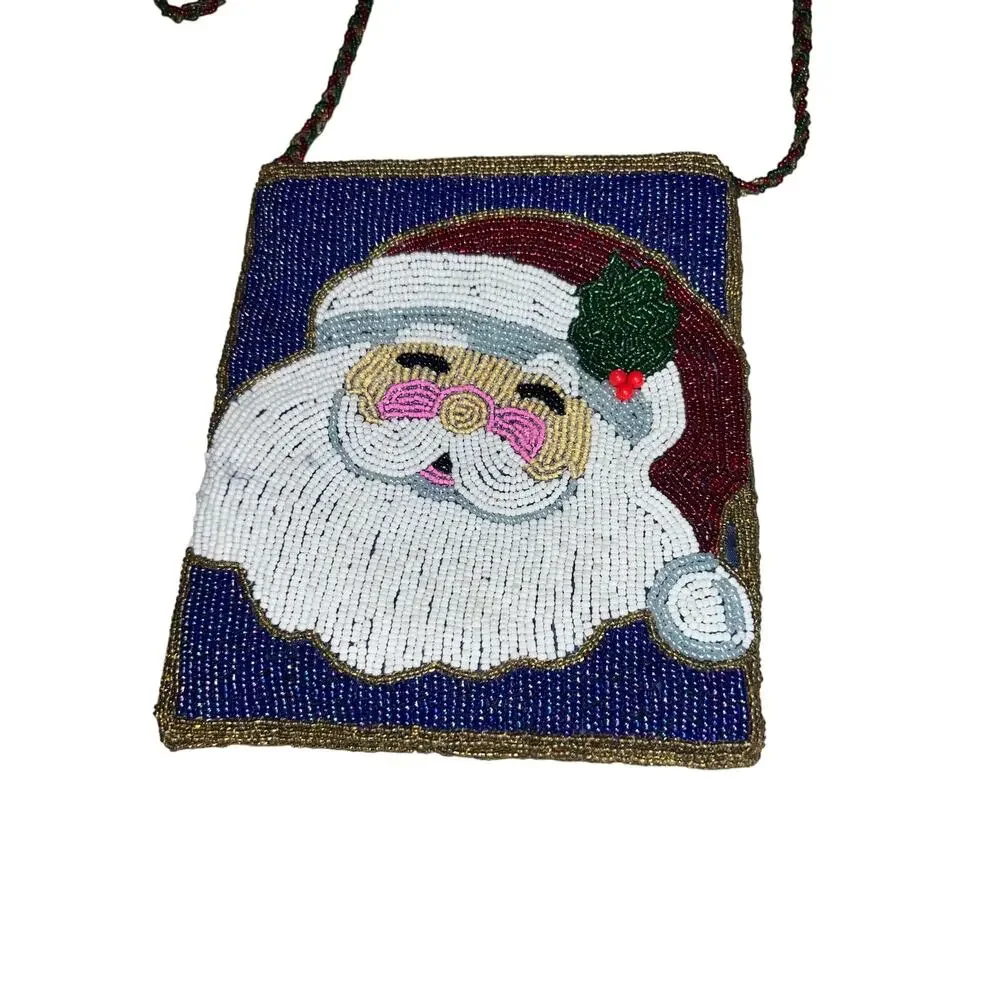 Beaded Christmas Jolly Santa Claus crossbody purse bag multi colored